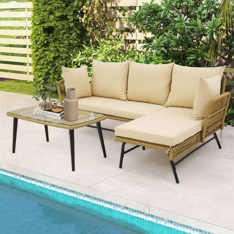 3 PCS L-Shaped Patio Sofa Set Conversation Furniture Set Black/Beige