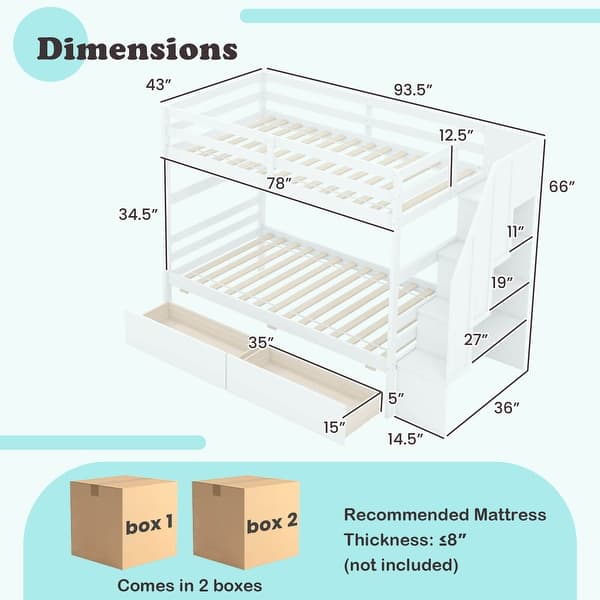 Solid Wood Bunk Bed Twin Over Twin Bed w/ Storage Stairs & Drawers