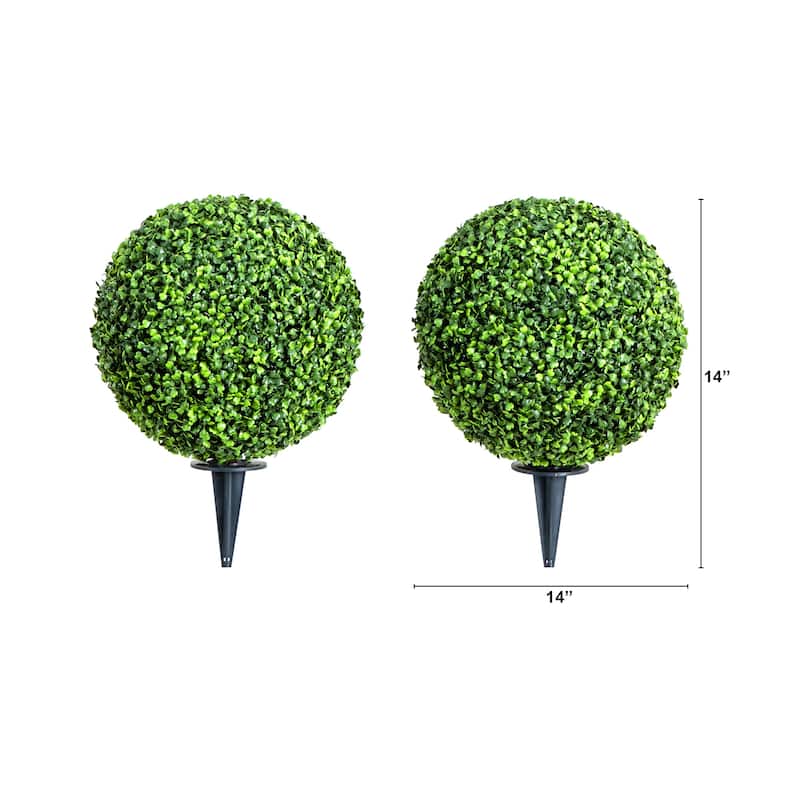 Boxwood Ball Topiary Artificial Outdoor Plants - 14" - Set of 2