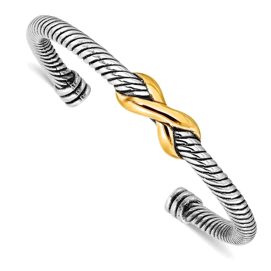 Curata 925 Sterling Silver 7" Two-tone X-motif Antiqued Cable Cuff Adjustable Bangle