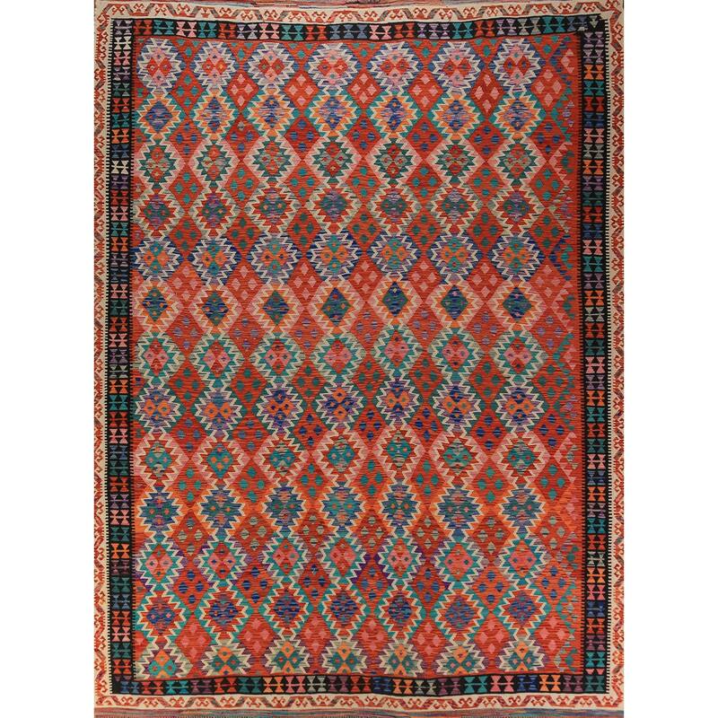 Reversible Kilim Oriental Rug Hand-Woven Geometric Wool Carpet - 10'8"x 13'3"