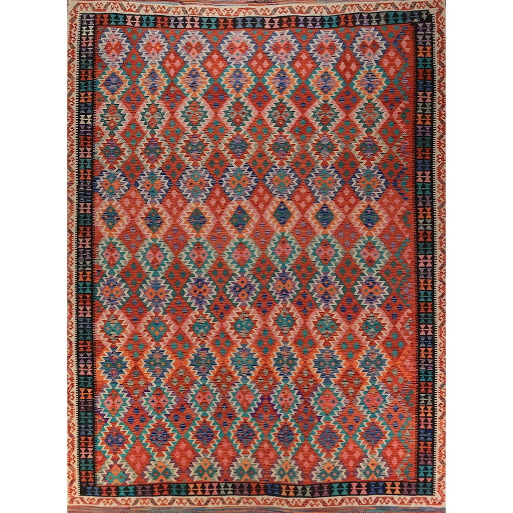 Reversible Kilim Oriental Rug Hand-Woven Geometric Wool Carpet - 10'8"x 13'3"