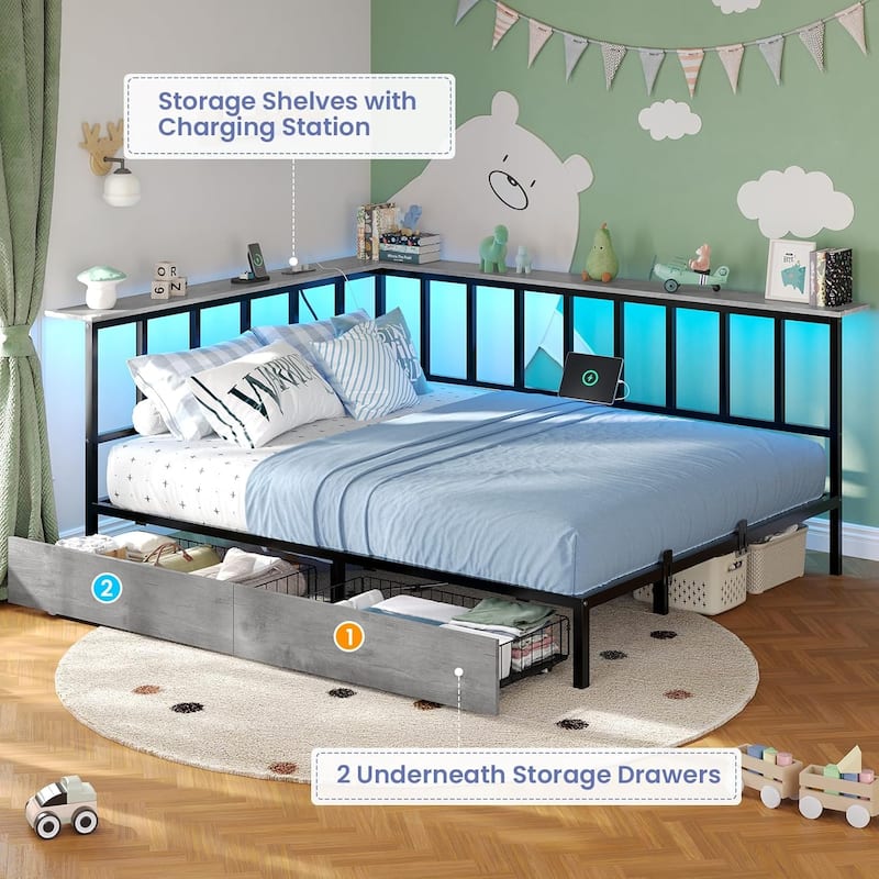 Corner Bed Frame 2 Storage Drawers Daybed Charging Station LED Lights