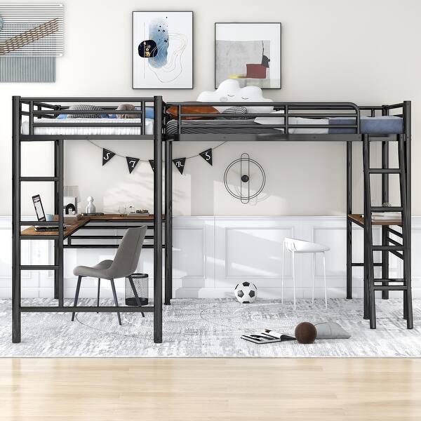 slide 2 of 13, Twin Metal Loft Bed with Two Built-in Desks for Maximum Space Efficiency Black - Twin