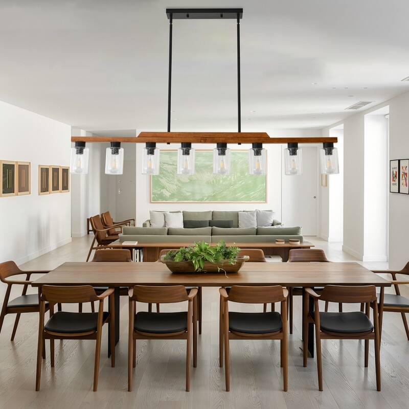Farmhouse Chandelier for Dining Room Kitchen Island Rustic Wood Linear Pendant Light with Seed Glass Shade
