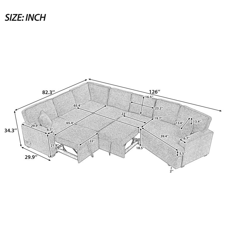Beige 126" L-Shaped 6-Seat Sectional Sofa with Pull-Out Bed, USB Charging Ports, and Drop-Down Cup Holder Tables