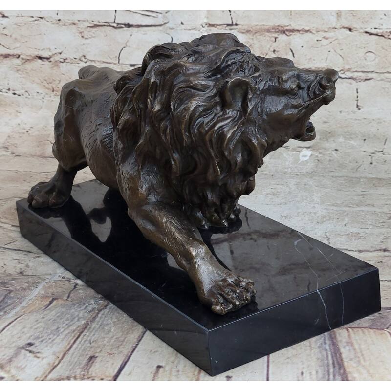 Bronze Sculpture Angry Hungry Male Lion Marble Base Figurine Art Deco Figure