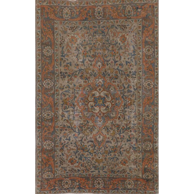Distressed Tabriz Persian Antique Rug Handmade Floral Wool Carpet - 6'6"x 10'2"