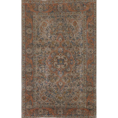 Distressed Tabriz Persian Antique Rug Handmade Floral Wool Carpet - 6'6"x 10'2"