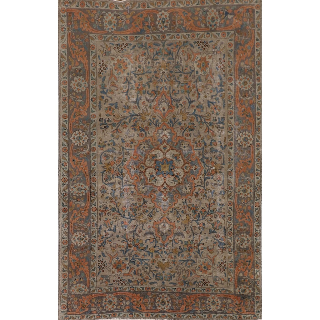 Distressed Tabriz Persian Antique Rug Handmade Floral Wool Carpet - 6'6"x 10'2"