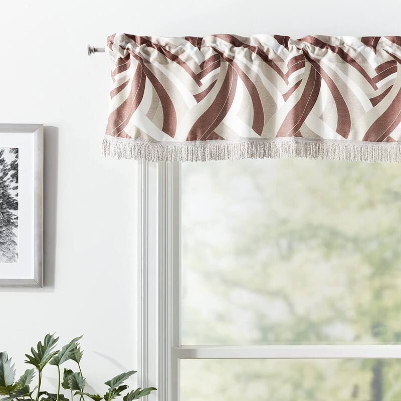 Violet Linen Chenille Abstract Pattern, Polyester Chenille, with Fringes, 60" x 18", Straight, Rod Pocket Curtain Valance - Brown