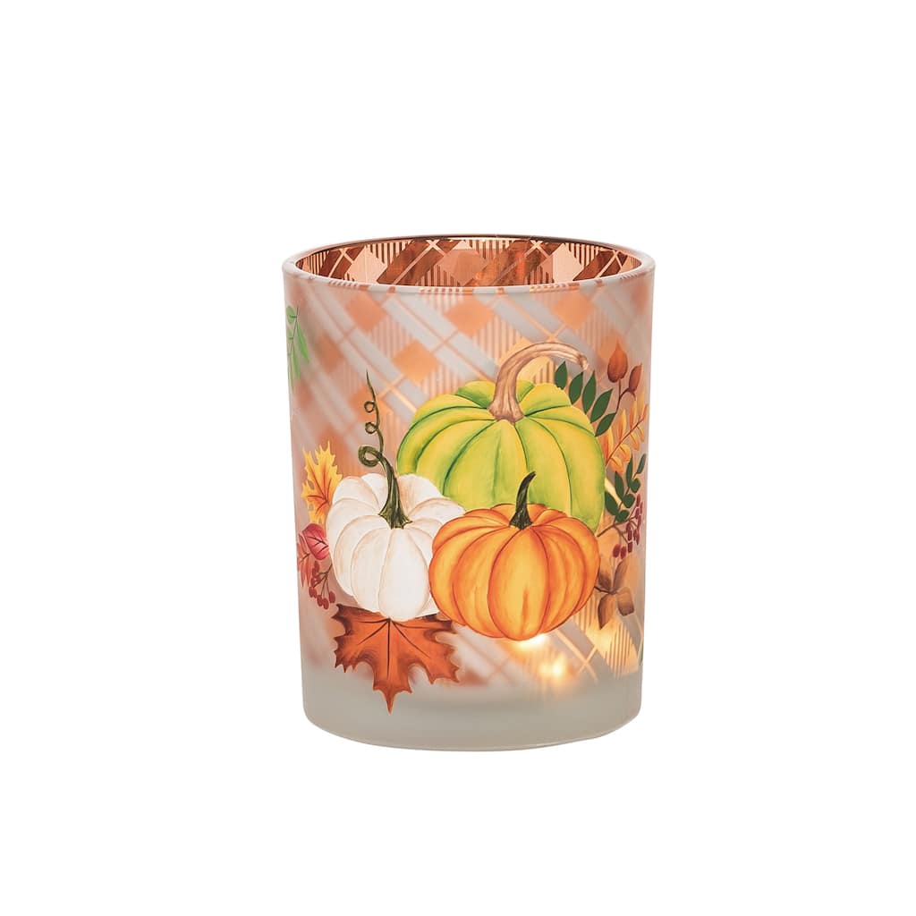 Transpac Glass 4.92 in. Multicolor Autumn Light Up Wide Plaid Pumpkin Vase