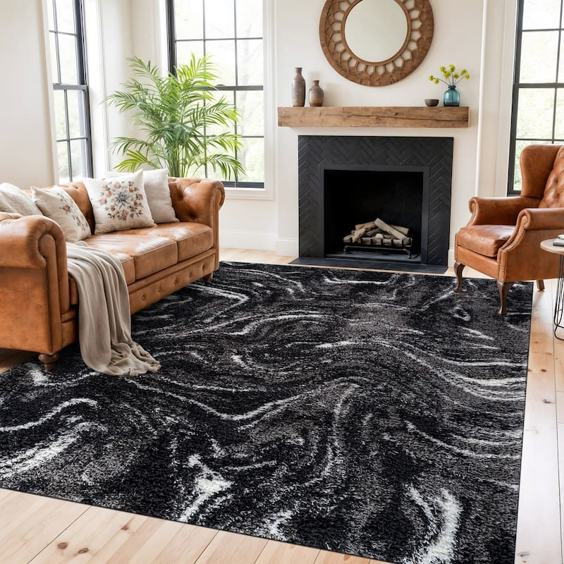 Abstract Marble Shag Rug - Anthracite Dark Gray - Plush Medium Pile, Durable with Jute Backing - Anthracite - 7' 10" x 10'