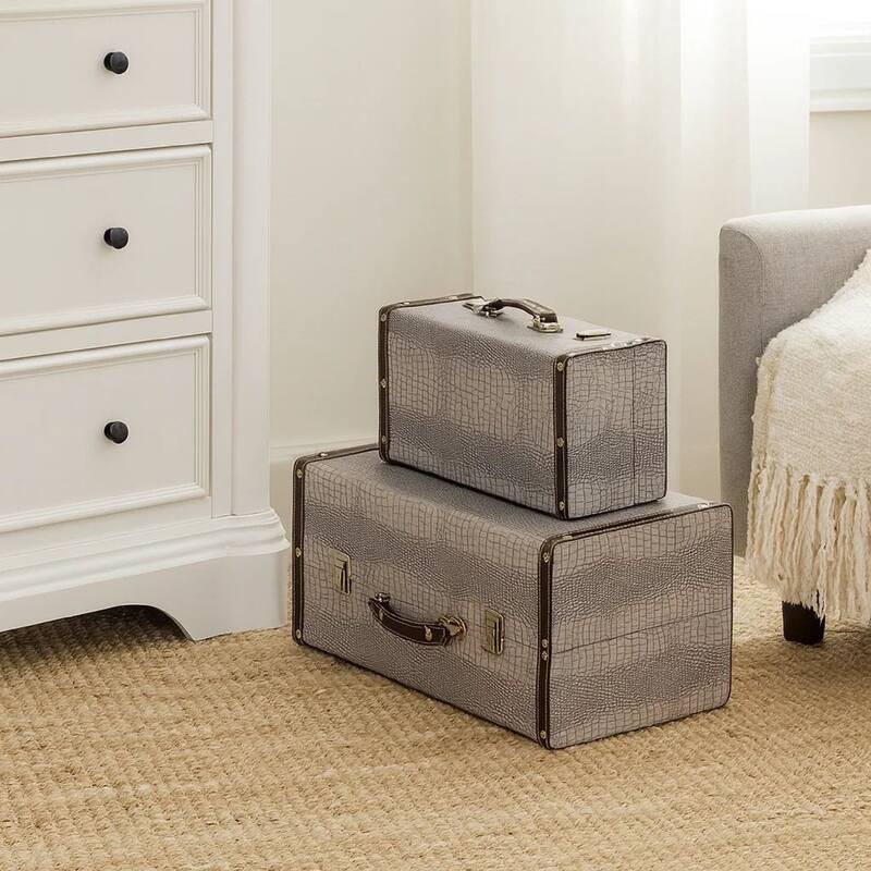 Trunk Style Suitcase with Textured Print Canvas Covering, Gray, Set of 2