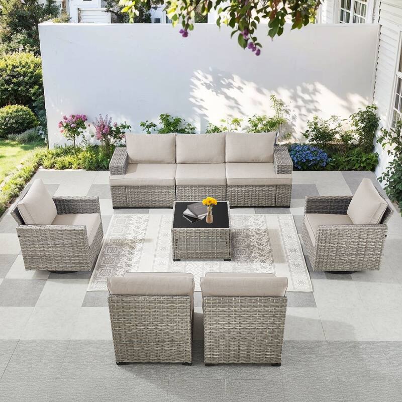 Pocassy Outdoor Sectional Sofa Patio Furniture Sets with Thickened Cushions - Beige Cushion - Sofa with Swivel Chairs Table Combination 5