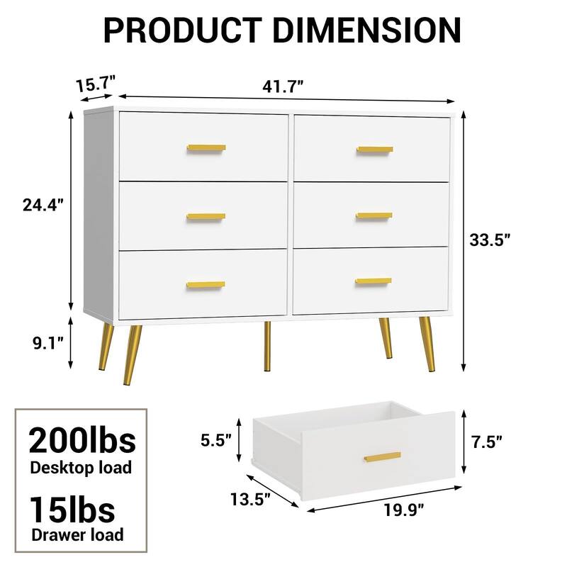 Modern 6 Drawer Dresser in White and Black, Featuring Gold Handles, Wide Wooden Drawers for Bedroom