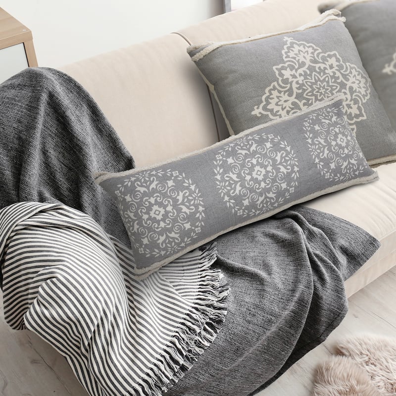 Sevita Casual Mandala Medallion Lumbar Pillow with Tufted Border - Accent - 14" x 36" - Polyester - Gray/White - Single