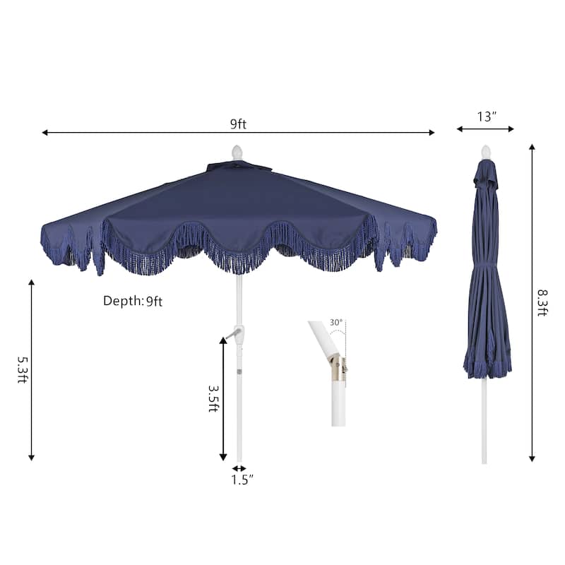 9ft Tassel Patio Umbrella Auto-Tilt, Crank , by JONATHAN Y