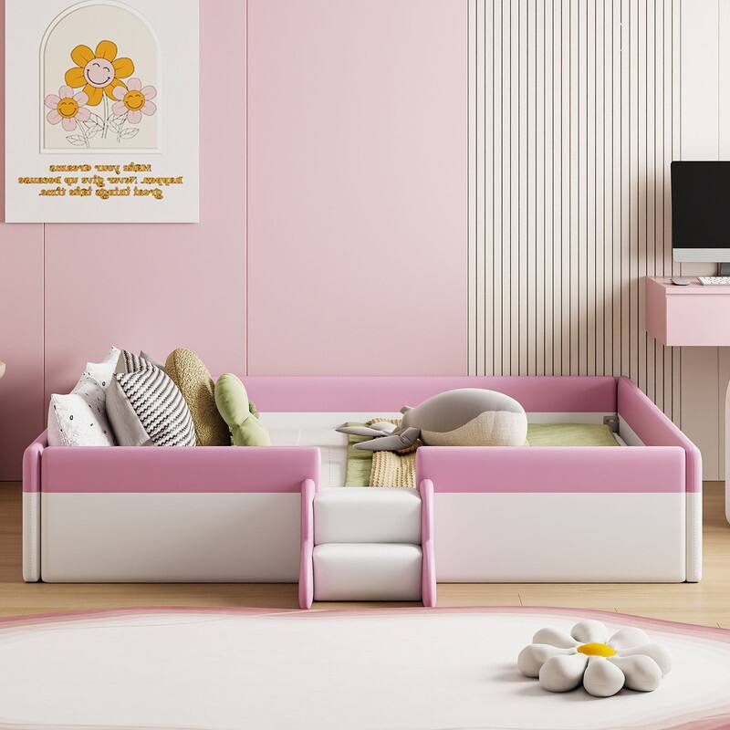 Twin/ Full/ Queen/ King Size Upholstered Kids Floor Bed Frame with Guardrail and Little Stairs, Soft PU Platform Bed