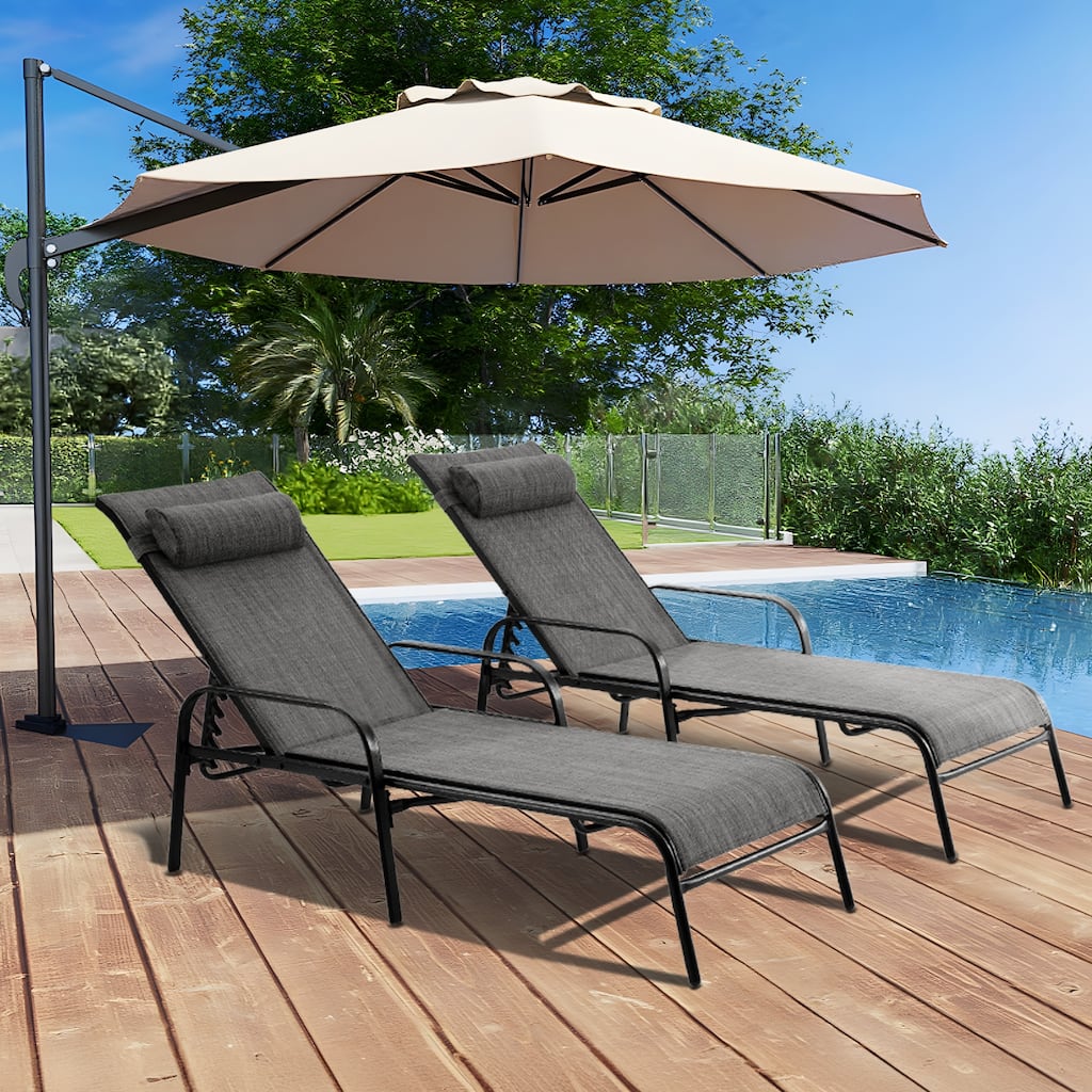 EROMMY 2-Pcs Outdoor Reclining Lounge Chair Set, Adjustable Patio Recliner, Dark Grey