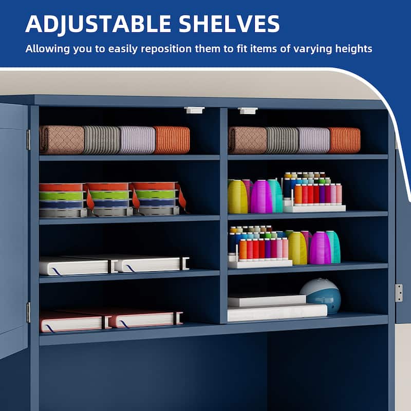 Moasis Expandable Crafting Table with Storage, Artwork Sewing Table with Cabinet and Magnetic Doors & Power Outlets