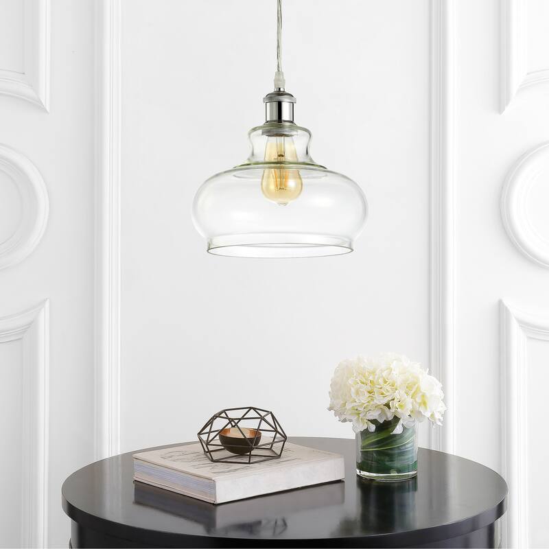 Lila 9.38" Adjustable Iron/Glass Pharmacy LED Pendant, Chrome by JONATHAN Y