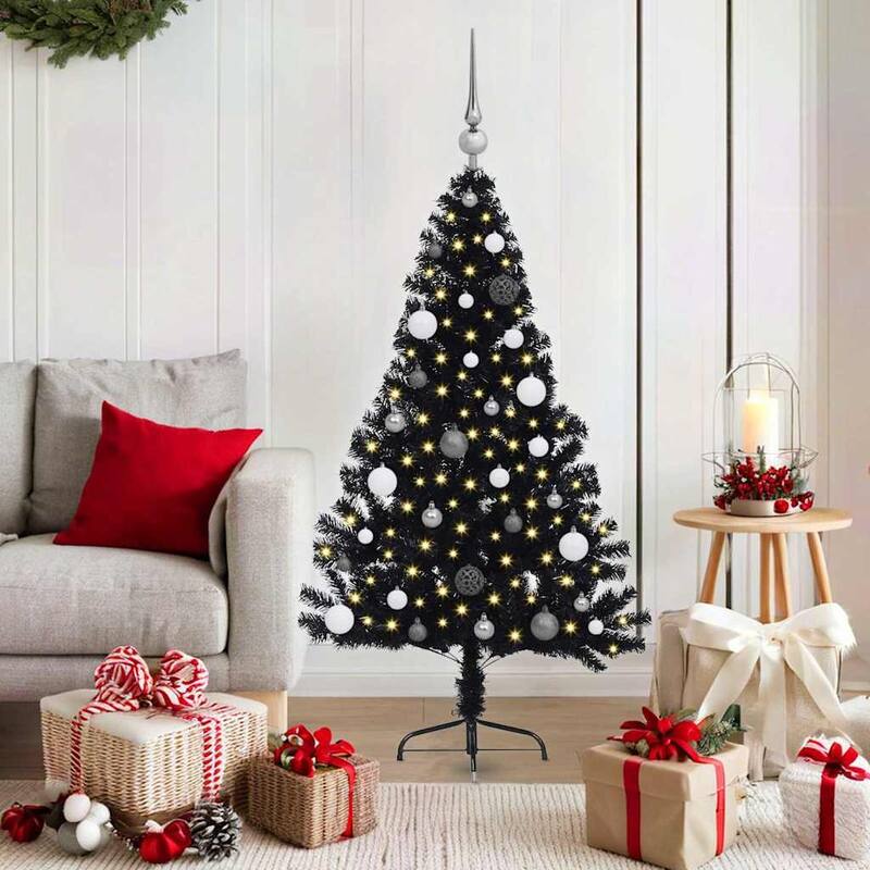 vidaXL Artificial Pre-lit Christmas Tree Pink in PVC - 59.06 in - Black-with 60 white/grey balls