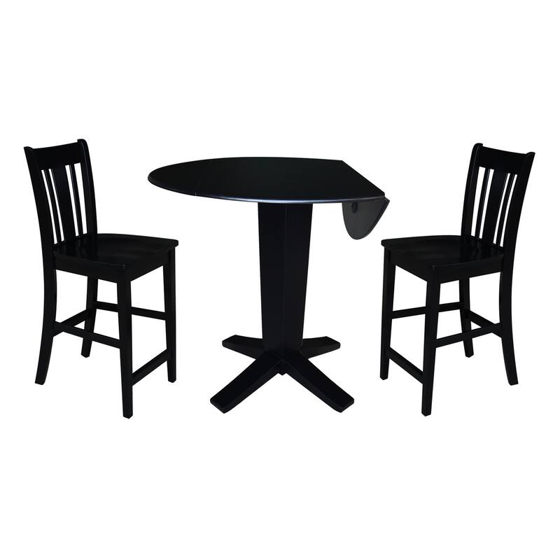 42 in Solid Wood Round Drop Leaf Counter Height Dining Table with Stools in Black