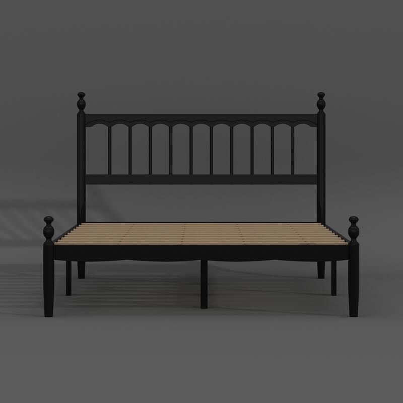 Solid Wood Bed Frame: Classic American - style Design with Black Finish and Rounded Post - tops