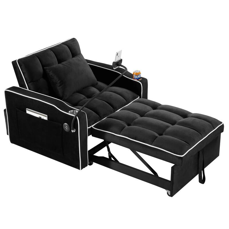 Black Velvet Single Convertible Sofa Bed with USB Charging Port