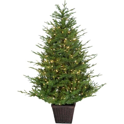 Fraser Hill Farm 4.0-Ft Adirondack Pre Lit Potted Christmas Tree Décor with Warm White LED Lights