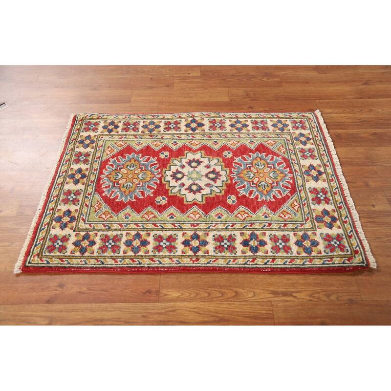 Geometric Kazak Oriental Foyer Rug Hand-Knotted Red Wool Carpet - 2'0"x 3'0"