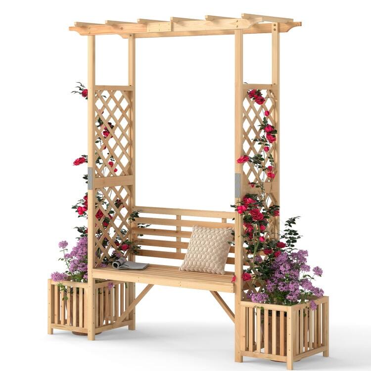 Natural Fir Wood Garden Arbor Bench with Trellis Planter Boxes - 73" x 22" x 80"
