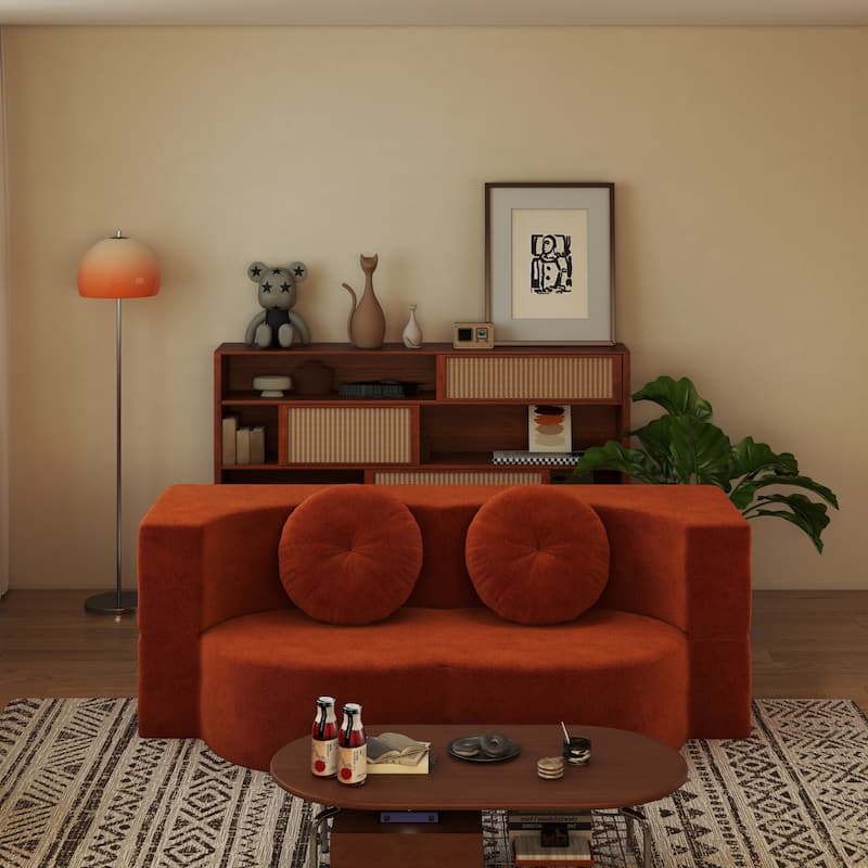 Modern 2-Seater Sofa Multi-Functional Folding Sofa Bed with Pillow, Curved Armrest, for Living Room, Apartment, Orange