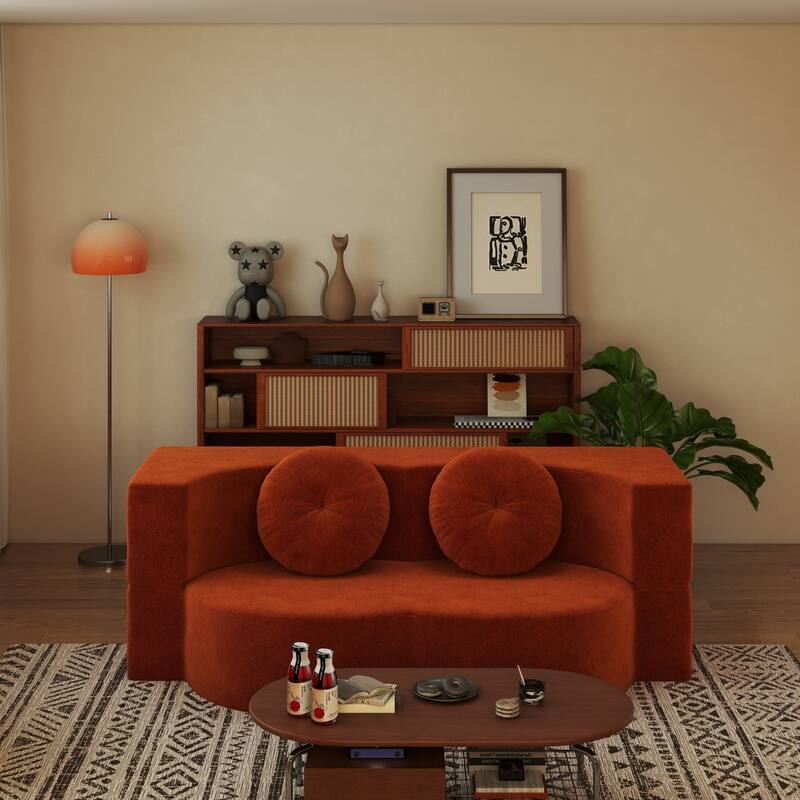 Modern Floor Sofa with 2 Pillows,Convertible Sleeper Sofa Bed - Orange