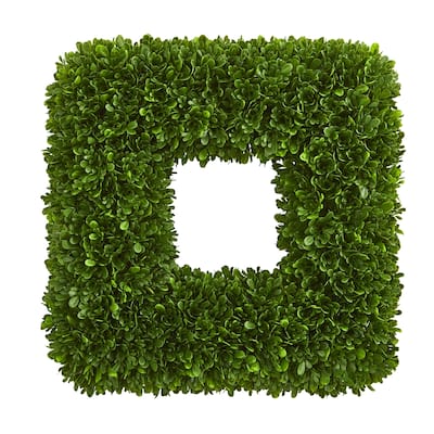 17-Inch Green Artificial Tea Leaf Wreath Square Shape UV-Resistant Full Foliage Decor - 17"