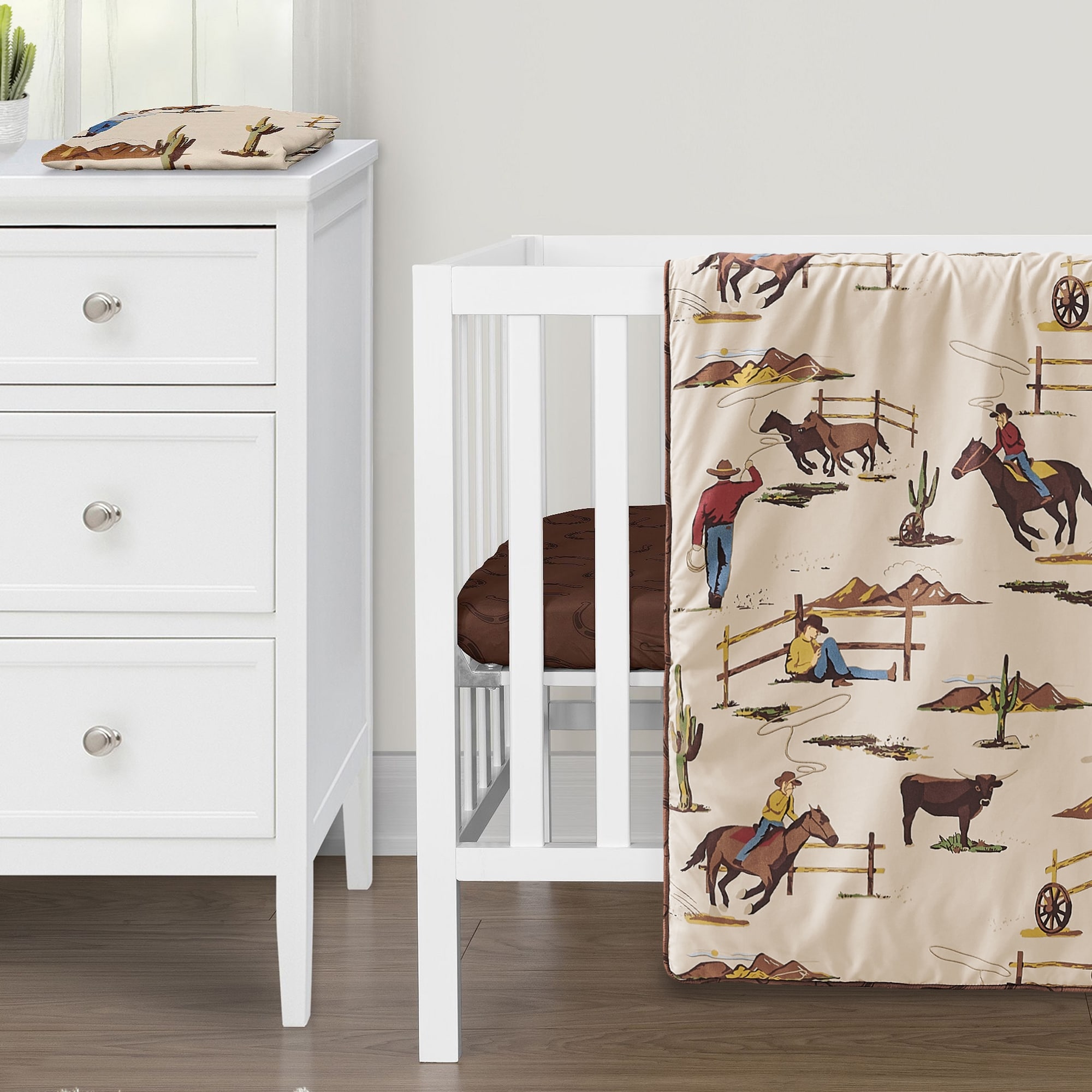 Sweet Jojo Designs Brown Western Cowboy Boy 3p Mini Crib Bedding Set Wild West Horseshoe Southern Charm Country Horse Cow Animal