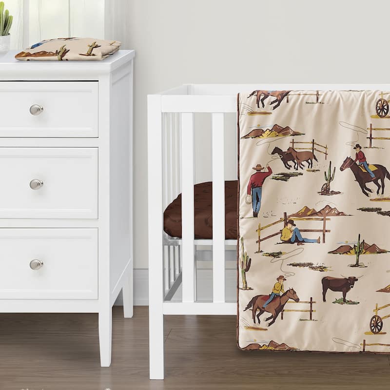 Sweet Jojo Designs Brown Western Cowboy Boy 3p Mini Crib Bedding Set Wild West Horseshoe Southern Charm Country Horse Cow Animal