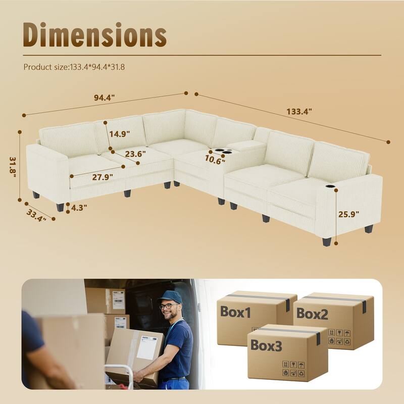 133" L-Shaped 6-Seater Corduroy Sectional - Storage Armrests with USB Charging & Reversible Design