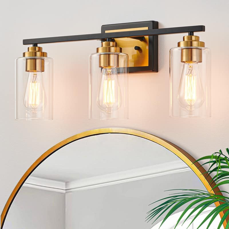 KAWOTI Rive 3-Light Antique Brass Dimmable Bathroom Vanity Light - Black & Brass