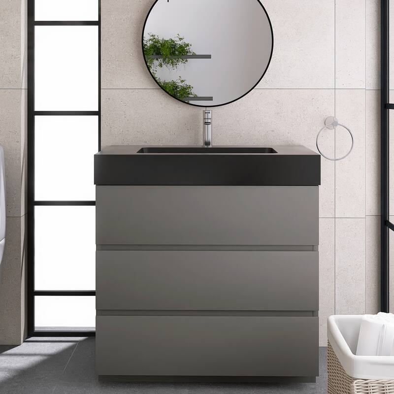 Freestanding Bathroom Vanity with Black Solid Surface Top - 35.8'' x 18.1'' x 37'' - Gray 
