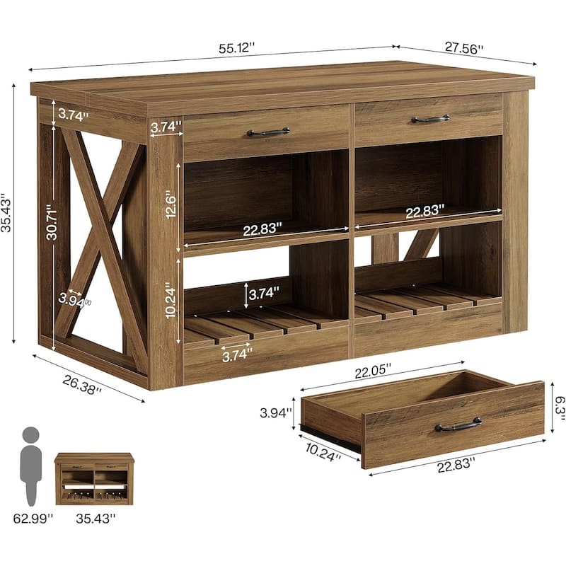 55" Wooden Farmhouse Kitchen Island Bar Table with Drawers and Shelf - 55.12" W x 27.5" D x 35.43" H