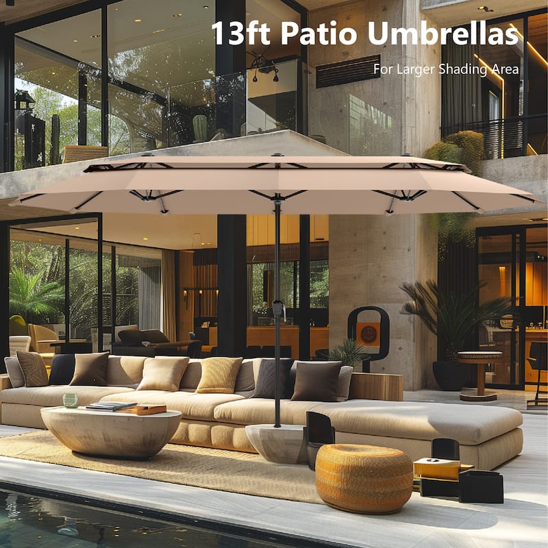 MAISON ARTS 13ft Double-Sided Outdoor Umbrella, 2-Tier Vented Market Umbrella with Colored Lights and Base