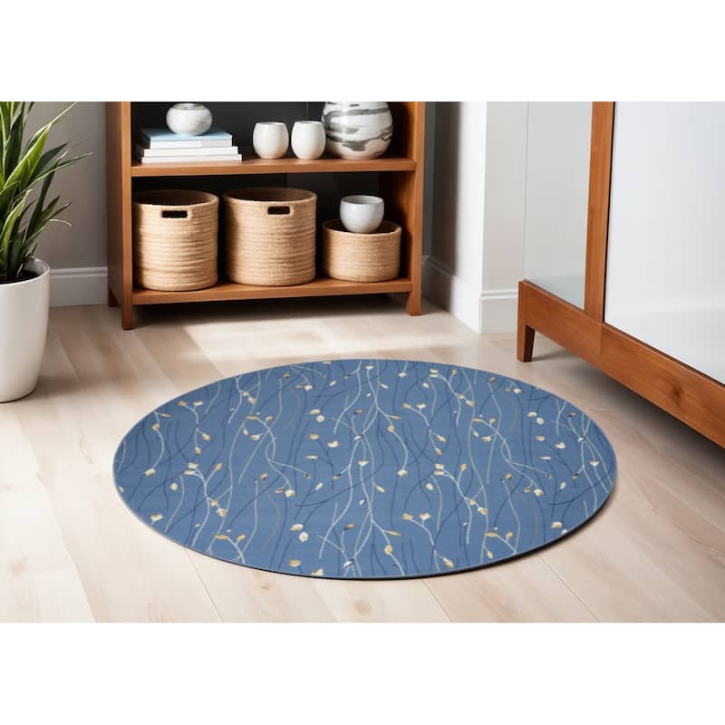 Loheb Power Loomed Geometric Floral Low Pile Area Rug By HomeRoots - 48' X '48' X '0.25 - 48' X '48' X '0.25 - Oxford Blue - Round