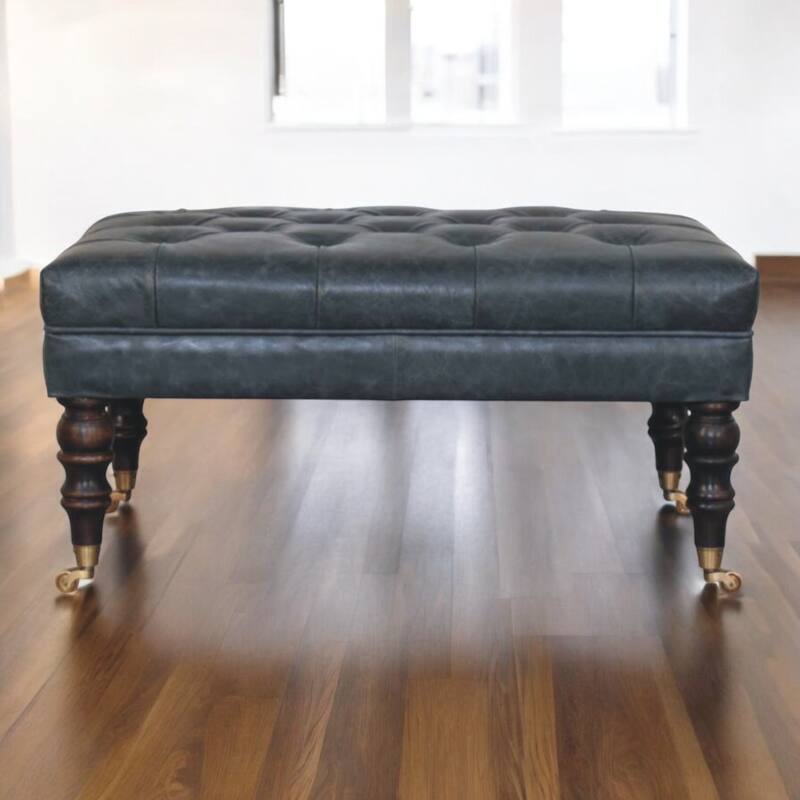 Artisan Furniture Solid Buffalo Teal Leather Ottoman with Castor Legs