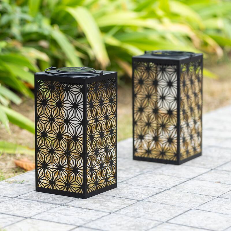 Glitzhome 11"H Black Metal Cutout or Square Textured Glass Pattern Solar Powered Hanging Lantern with LED Light - 2PK-Cutout Pattern