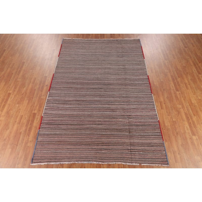 All-Over Striped Kilim Persian Vintage Area Rug Hand-Woven Wool Carpet - 7'3"x 11'0"