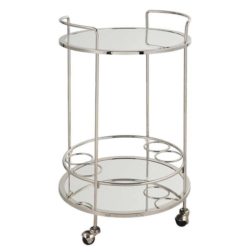 Two Tier Round Glass Top Rolling Bar Cart - 28.75" - Chrome