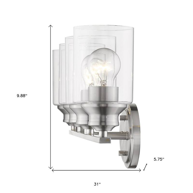 4-Light Silver Wall Vanity Fixture with Clear Glass Shades and Dimmable Damp Location Rated - 9.88" H x 31" W x 5.75" D