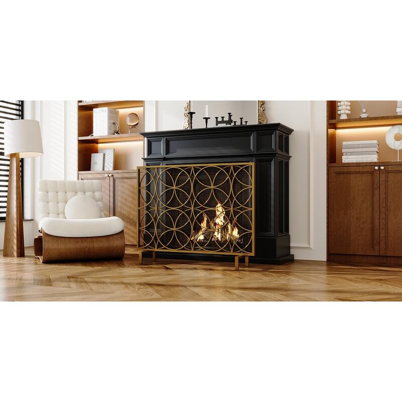 Gold Metal Fireplace Screen, Decorative Single Panel Fire Screen with Geometric Design, Mesh Spark Guard